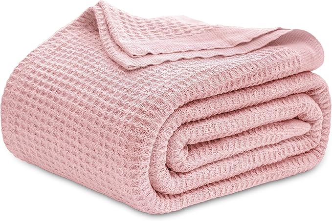 Bedsure 100% Cotton Blanket Queen Size for Bed - Breathable and Soft, Waffle Weave Blanket for Summer Spring, Pink, 90x90 Inches