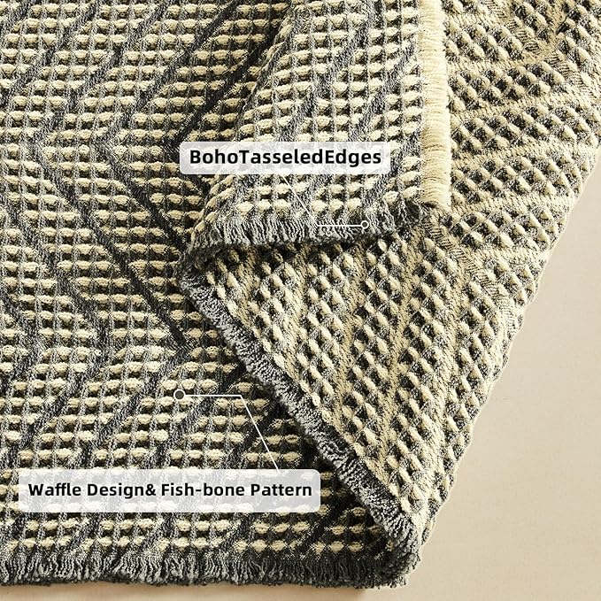 Bath Rugs Boho Bath Mat,Upgraded Waffle Bath mat,Super Absorbent Non Slip Bath Rugs,Machine Washable Rugs for Shower Room, Rubber Backing Bath Mats, Ultra Soft,Bluish Grey & Yellow,19"*48"