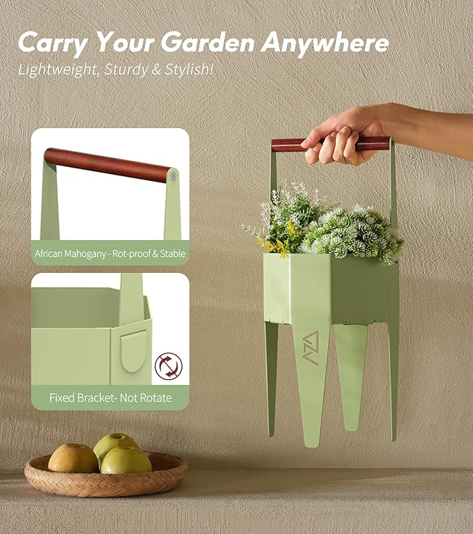 Planter with Stand, Metal 2 in 1 Portable Planter with Grow Bags & Handle, Stable Stylish Indoor Plant Pots with Stand, Modern Flower Pots Outdoor, 7.5'' x 17.3'', Green, Plant Not Included