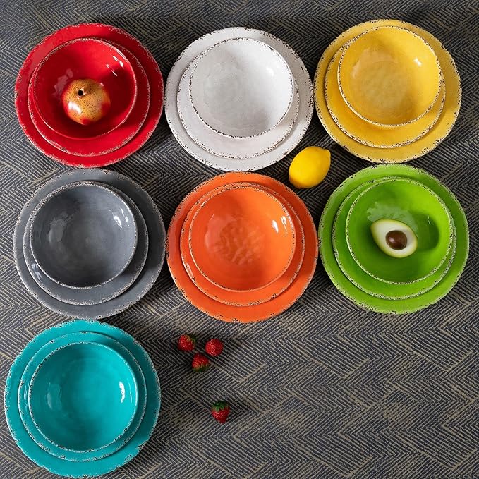 12-Piece Rustic Melamine Dinnerware Set With Dinner Plate, Salad Plate And Large Capacity All Purpose Bowls,Service for 4, Indoor And Outdoor Use, Yellow