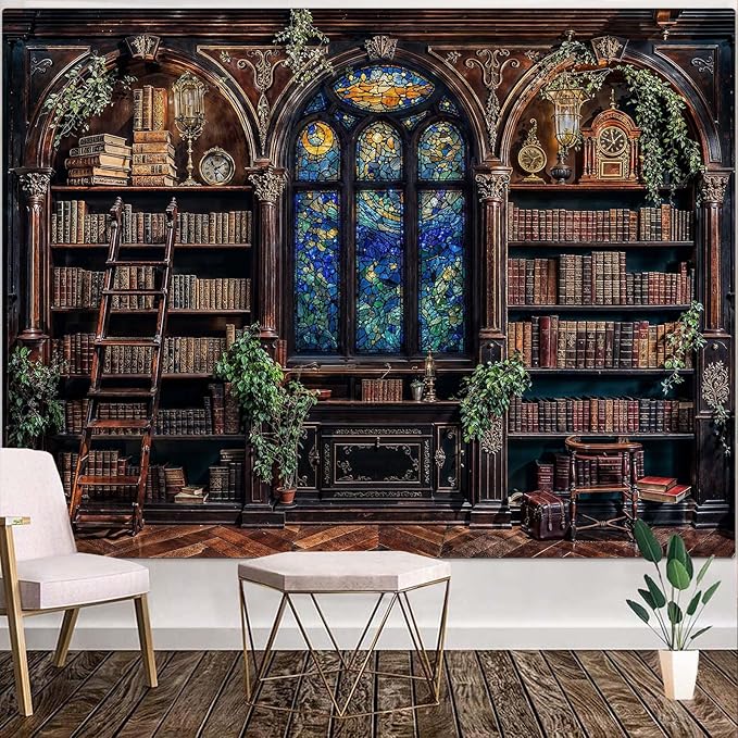Lunerfex Vintage Bookshelf Library Tapestry Wall Decor Tapestry for Bedroom Art Tapestries Wall Hanging for Bedroom Living Room Bookshelf01 70"x90"