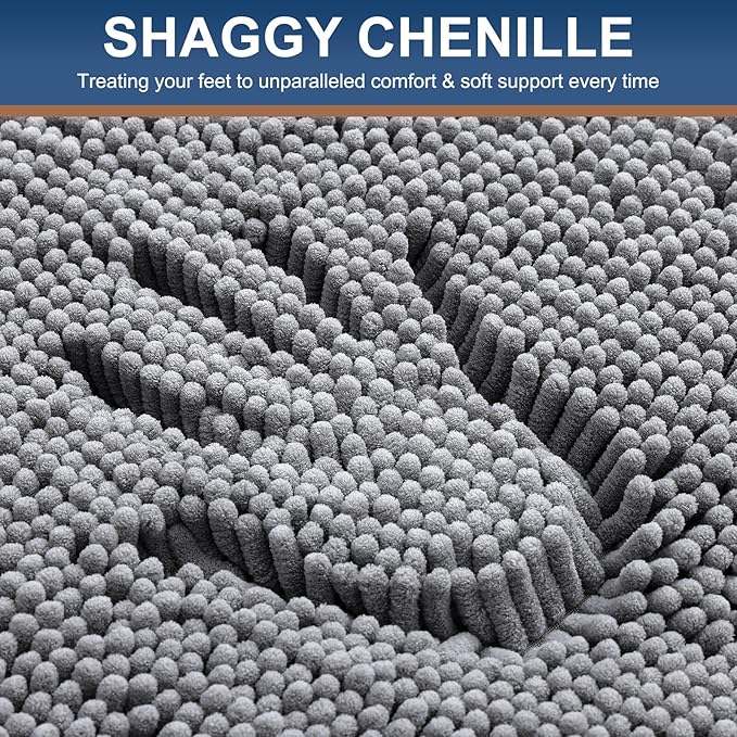Smiry Luxury Chenille Bathroom Rugs 24x16, Extra Soft and Absorbent Shaggy Bath Mat, Machine Washable, Non-Slip Plush Carpet Runner for Tub, Shower, and Floor, Home Decor Accessories, Grey