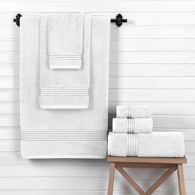 Elegant Comfort Premium Cotton 6-Piece Towel Set, Includes 2 Washcloths, 2 Hand Towels and 2 Bath Towels, 100% Turkish Cotton - Highly Absorbent and Super Soft Towels for Bathroom, White/Gray