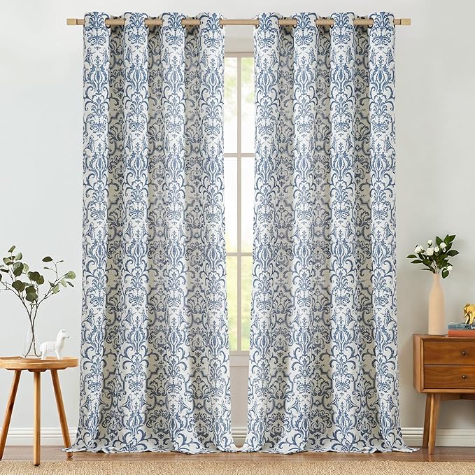 jinchan Curtains for Bedroom, Light Filtering Curtains 90 Inch Length 2 Panels Set, Baroque Style Linen Drapes for Living Room, Vintage Damask Patterned Window Treatments, Grommet Slate Blue on Flax