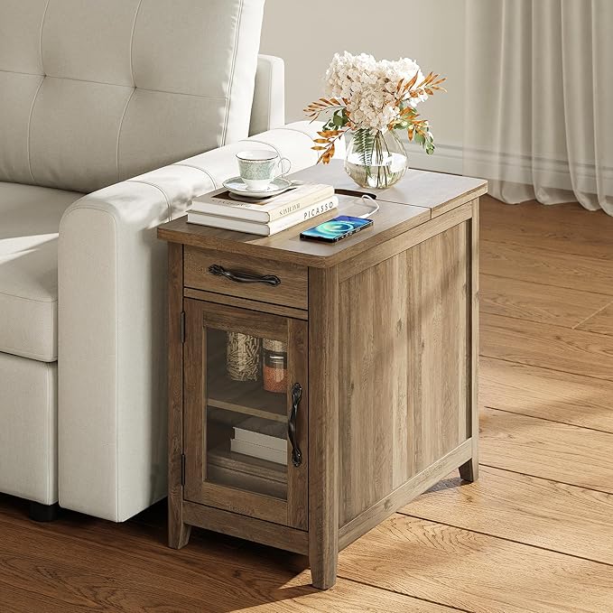 LINSY HOME Farmhouse End Table with Charging Station, Narrow Side Table for Living Room, Sofa Side Table with Drawer and Storage Cabinet, Small Nightstand for Home Office
