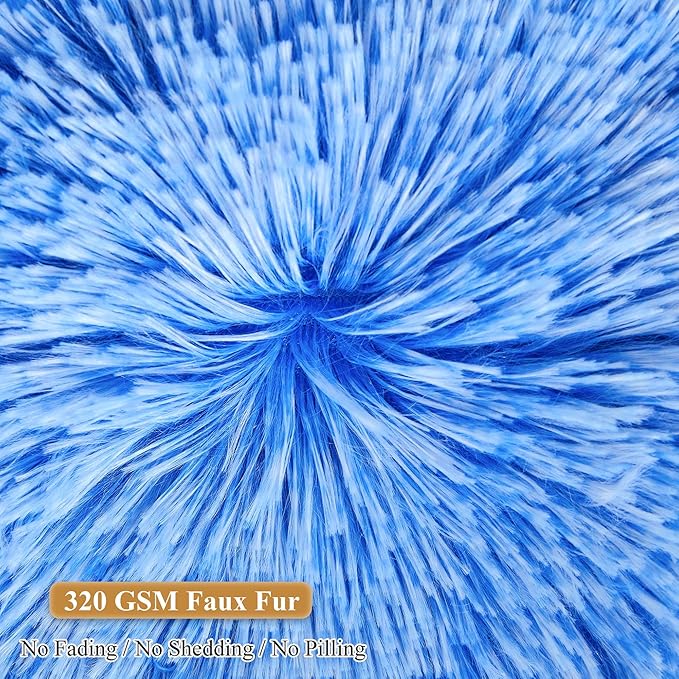 XeGe Fluffy Faux Fur Inflatable Pouf Ottoman, Soft Shaggy Fuzzy Foot Stool, Plush Furry Foot Rest Floor Pouf Anti-Slip, Foldable Round Ottoman Cushion Living Room Bedroom Home Decor, Ombre Blue