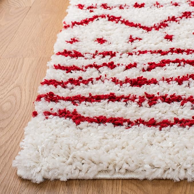 SAFAVIEH Arizona Shag Collection Area Rug - 6'7" x 9'2", Ivory & Red, Moroccan Design, Non-Shedding & Easy Care, 1.6-inch Thick Ideal for High Traffic Areas in Living Room, Bedroom (ASG741P)