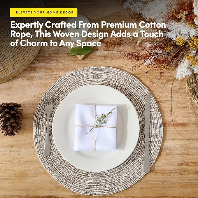 Round Placemats Set of 6-100% Cotton Two-Tone Placemat for Dining Table - Woven Braided Table Setting Place Mat - Washable Table Decor for Kitchen, Farmhouse, Rustic, Everyday Use, Eggshell