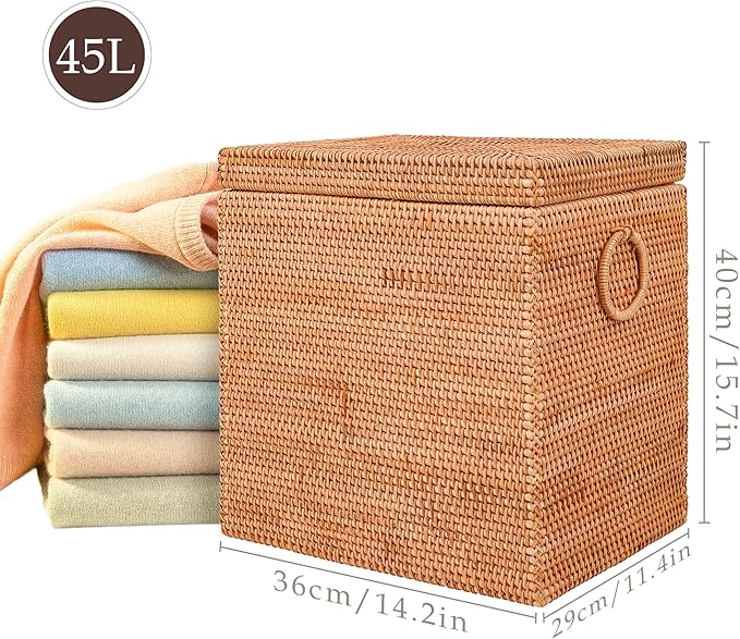 Rattan Laundry Hamper With Lid and Liner Bag, Woven Cloth Hamper With Handles (14.2" L×11.4"W×15.7"H)