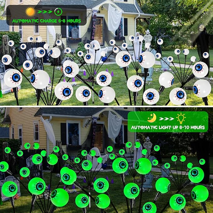 8Pack 48LED Green Solar Halloween Eyeball Lights Outdoor, Solar Garden Lights Outdoor Waterproof, Firefly Light Swaying by Wind with 2 Modes for Pathway Patio Yard Garden Halloween Decorations