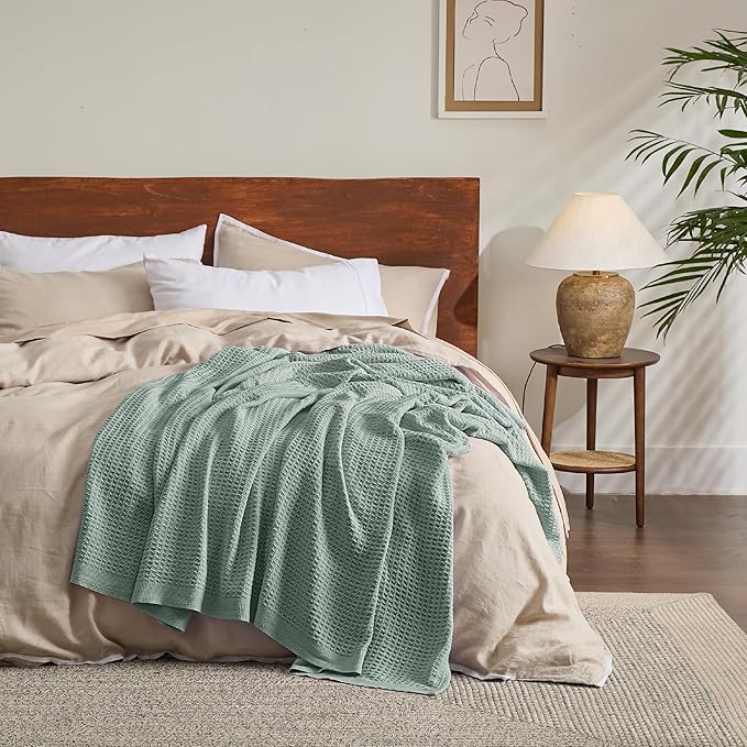Bedsure 100% Cotton Blanket Queen Size for Bed - Breathable and Soft, Waffle Weave Blanket for Summer Spring, Sage Green, 90x90 Inches