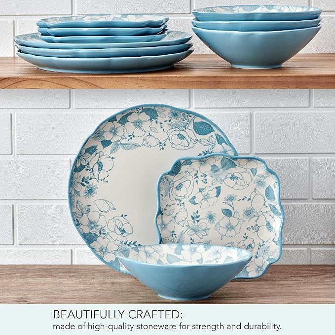 Pfaltzgraff Garden Blossom Floral 12 Piece Plate Bowl Dinnerware Set, Blue
