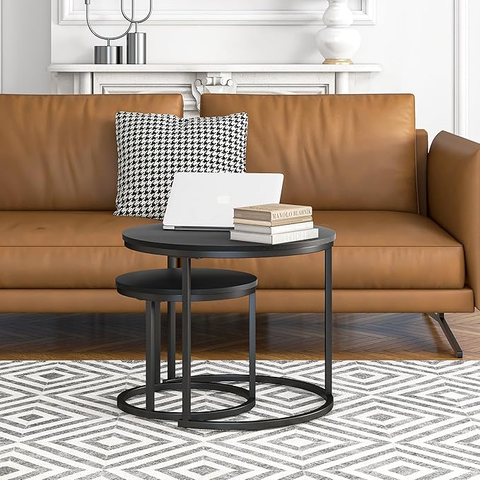 Small Coffee Table Set of 2, Round End Tables for Living Room, Modern Black Nesting Tables, Farmhouse Wood Side Table With Metal Frame, Easy Assembly, Stacking