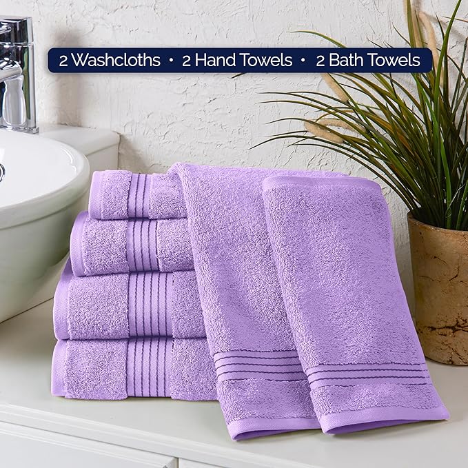 Elegant Comfort Premium Cotton 6-Piece Towel Set, Includes 2 Washcloths, 2 Hand Towels and 2 Bath Towels, 100% Turkish Cotton - Highly Absorbent and Super Soft Towels for Bathroom, Lilac
