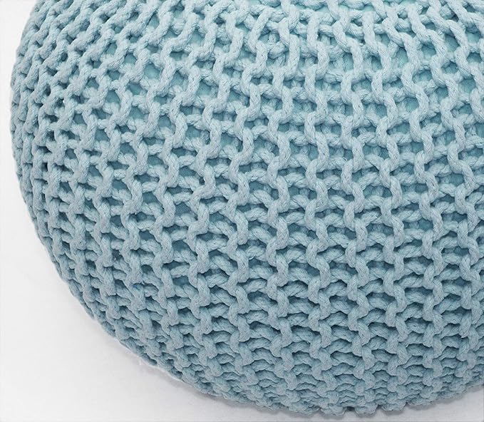 COTTON CRAFT Round Pouf - Hand Knitted Cotton Braid Cord Cable Dori Ottoman - Foot Stool - Floor Pouf Footrest Accent Seat Furniture Bean Bag - Living Room Kids Nursery Dorm Décor - 20x14 - Light Blue