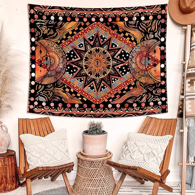 Fowocu Orange Sun and Moon Tapestry Wall Hanging, Indie Hippie Mandala Cool Wall Tapestries, Aesthetic Tapestry for Bedroom Living Room Dorm (Orange, 70.8'' × 90.5'')
