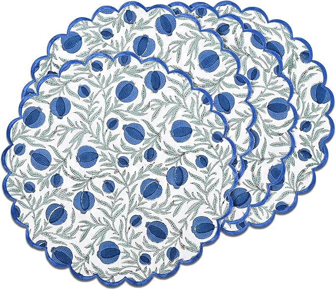 Ridhi Queen Blue Bo-ho Round Place Mat Double Layer Floral Cotton Washable Placemats 15" Round Embroidery Block Print Table Mat Pack of 4-15 Inch Round