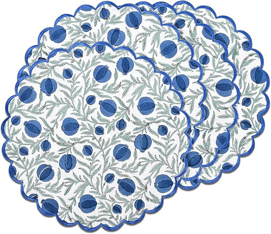 Ridhi Queen Blue Bo-ho Round Place Mat Double Layer Floral Cotton Washable Placemats 15" Round Embroidery Block Print Table Mat Pack of 4-15 Inch Round