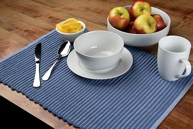 Sticky Toffee Woven Cotton Placemats Set of 4, Blue Ribbed 14 x 19 in, Washable Table Mats for Kitchen or Dining Table