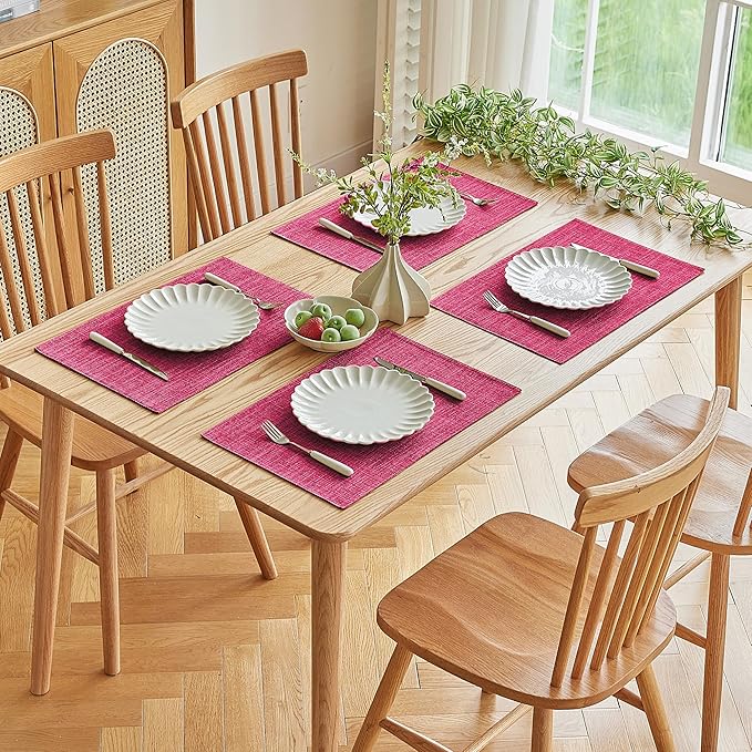 Softalker Faux Linen Placemats Set of 8-12 x 18 Inch, Heat Resistant Double Layered Durable Burlap Farmhouse Place Mats, Non-Slip Washable Rustic Table Mats for Dining, Kitchen, Party(Pink