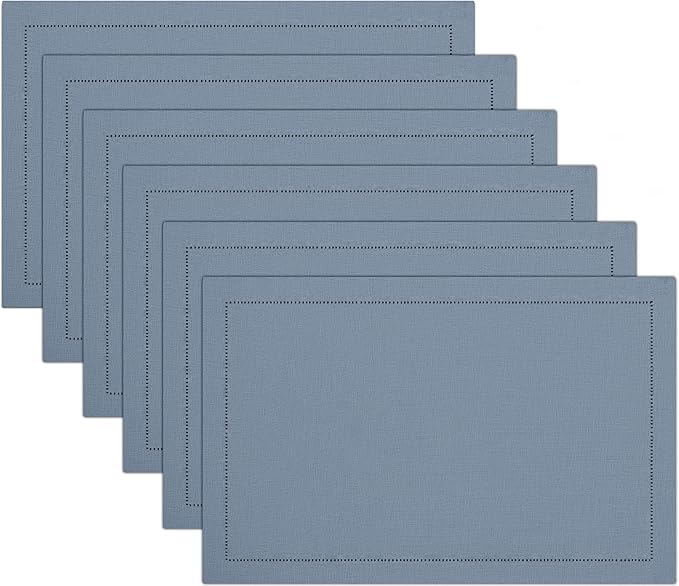 Ruvanti Linen Placemats Set of 6-13x19 Inch, Classic Hemstitch, Heat Resistant Machine Washable Place Mats, Soft & Elegant- Perfect for Christmas, Thanksgiving, Easter, Weddings, Dinner - Grey