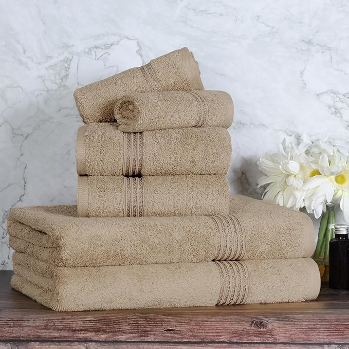 Superior Egyptian Cotton 6-Piece Towel Set, Bathroom Essentials, Towels For Bathroom, Apartment, Airbnb, Guest Bath, Face, Hand, Bath Towels, Washcloths, Absorbent, Fast Drying, Taupe