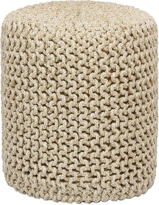 COTTON CRAFT Braided Round Pouf - Hand Knitted Cotton Tweed Cord Cable Dori Cylindrical Ottoman - Foot Stool Floor Pouf Footrest Accent Furniture - Family Room Bedroom Dorm Décor - 15" x 16" - Natural
