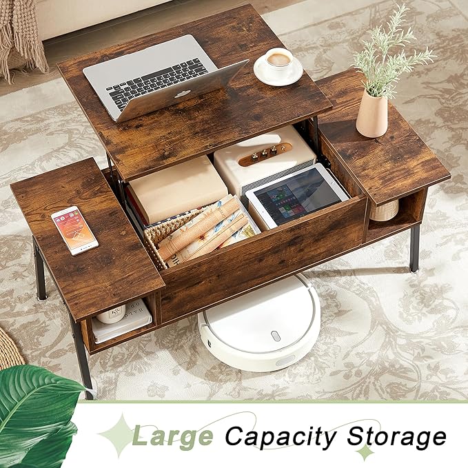 VECELO Wood Lift Top Coffee Table with Hidden Compartment and Storage Shelf for Living Room/Office Reception, Rising Tabletop, Brown