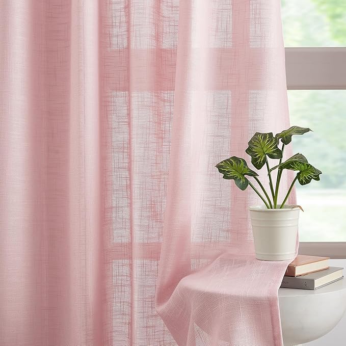FMFUNCTEX Pink Sliding Door Curtains 84" Living Room Linen Semi Sheer Curtains 100" Width Extra Wide Room Divider Bedroom Drapes Linen Textured Semi Sheer Window Panels Blush Pink Rod Pocket 1 Panel