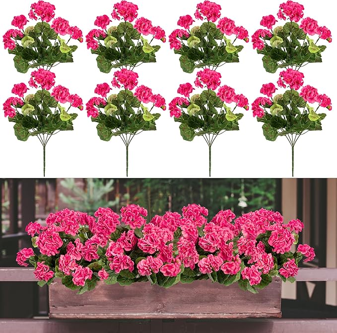 Plastic Flowers for Outdoors Home Decor Fake Plants Artificial Flowers Artificial Geraniums Outdoor Fake Flowers Silk Bouquet, Fall Decor for Interior Porch Garden Decor 14.4"(Rose Red) 8PCS