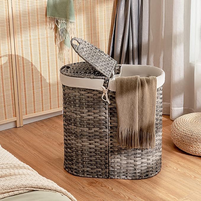 MAT EXPERT Rattan Laundry Hampers, Laundry Baskets with 2 Detachable Canvas Bags, Divided Laundry Hamper with Lids & Handles, Handwoven Oval Landry Bin, Clothes Hamper for Laundry Room/Bedroom (Grey)