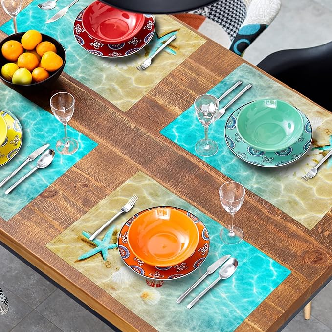 Giwawa Ocean Starfish Placemats Set of 4, Nautical Seashell Coral Coastal Linen Table Place Mats for Kitchen Dining Summer Aquatic Life Decoration, Non-Slip Heat-Resistant Washable, 12" x 18"