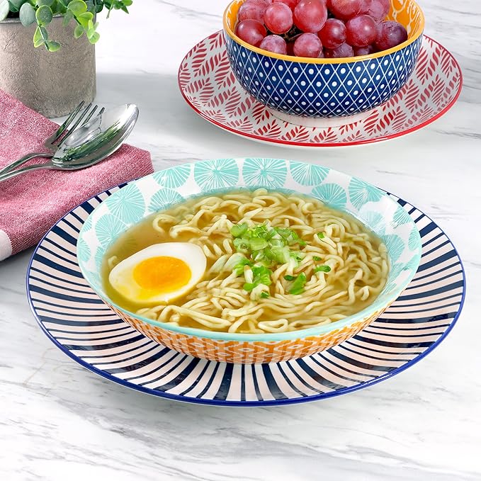 Elama Giovanna 16 Piece Assorted Design Porcelain Multi-Color Graphic Double Bowl Dinnerware Set, Tableware, Serveware, Dinnerware Set, Bowl Set (16 Piece)