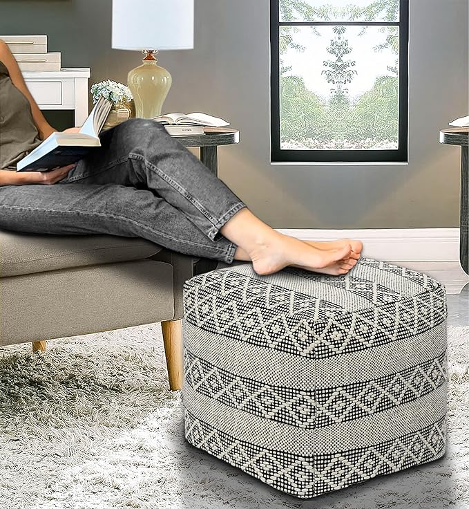 COTTON CRAFT Woven Dhurrie Pouf - Stripe Diamond Pattern Ottoman Footstool Bean Bag - Dorm Bedroom Small Spaces Accent Seating - Prefilled Comfortable Square Pouf Footrest - 16x16 - Ivory Black