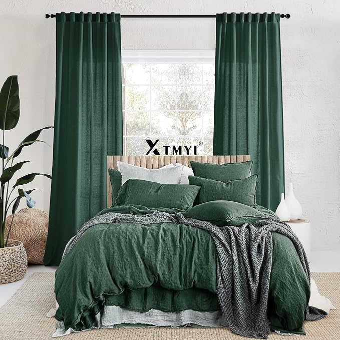 XTMYI Emerald Dark Green Back Tab/Hook Belt Linen Cotton Sheer Curtains for Bathroom 45 Inch Length