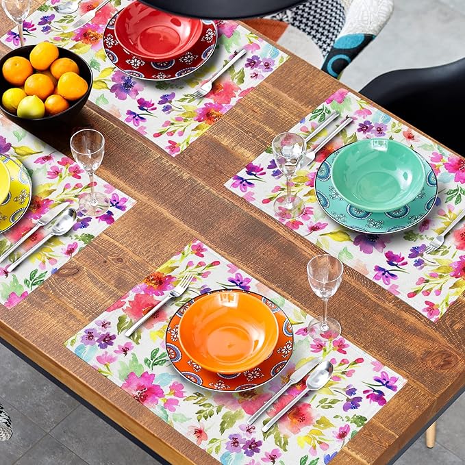Spring Summer Placemats Set of 4 Washable Non-Slip Heat Resistant 12×18 Inch Spring Floral Watercolor Multicolor Thick Place Mats Decorative Linen Fabric Table Mat for Dining Table Kitchen Home Decor