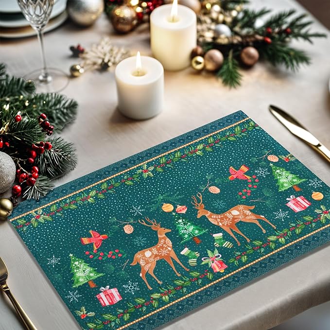 Maison d' Hermine Placemats Set of 4 100% Cotton Washable Cloth Place Mats, Reusable Table Mats for Kitchen Dining Decoration, Party, Wedding, Restaurant (Hygge Christmas, 13" x 19")