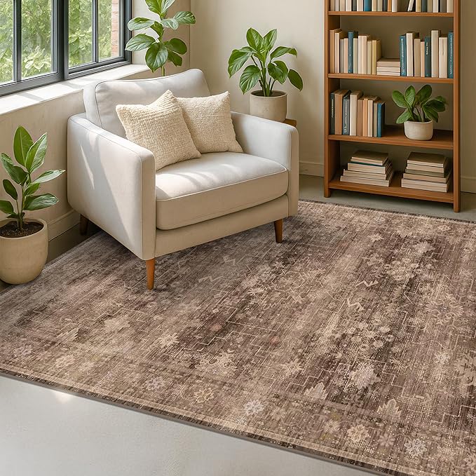 Taupe Brown Living Room Rug 6x9 - Vintage Traditional Eclectic Unique Neutral, Washable Low Pile Non-Slip Large Area Rugs for Dining Under Table Bedroom Lounge