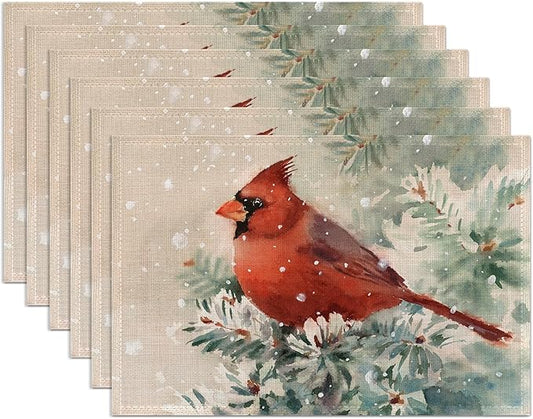 Bird Placemats Set of 6, Cardinal Place Mats Washable Heat Resistant 12×18 Inch Linen Table Mats for Christmas Party Outdoor Dining Décor