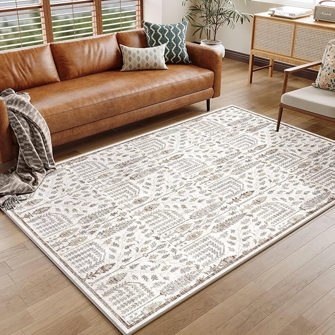 Area Rug 5x7 Washable Taupe Carpet Non Slip Large Boho Thin Floral Farmhouse Throw Accent Rug for Living Room Bedroom Office Kitchen Bathroom