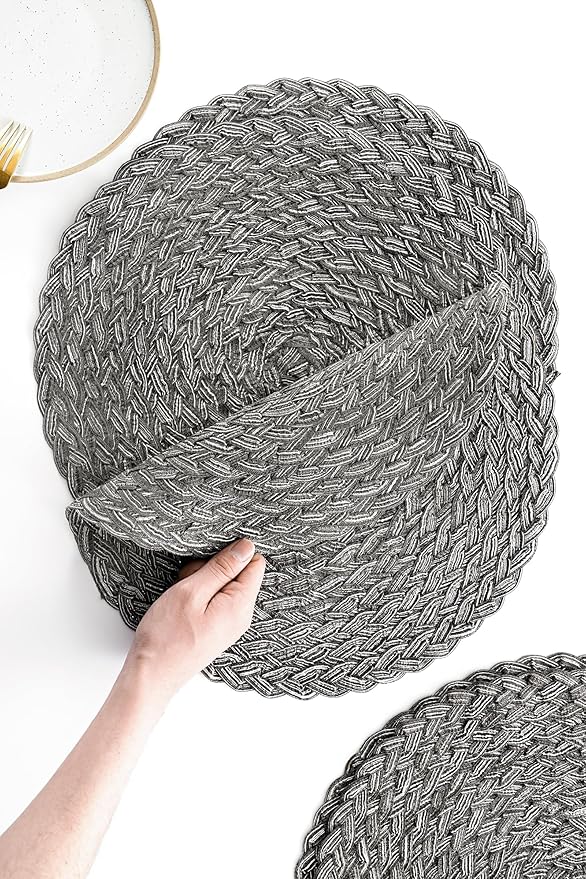 Floroom 15 Inch Round Braided Placemats Set of 6, Washable Heat Resistant Cotton Polyester Circle Boho Place Mats for Kitchen Dining Table - Mist Grey