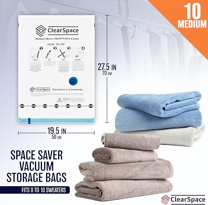 Vacuum Seal Bags for Clothing Travel, 10 Medium - Space Saver Vacuum Storage Bags, Blanket & Clothes Storage Bags Vacuum Sealed – Hand Pump Included, Bolsas Para Guardar Ropa Al Vacío
