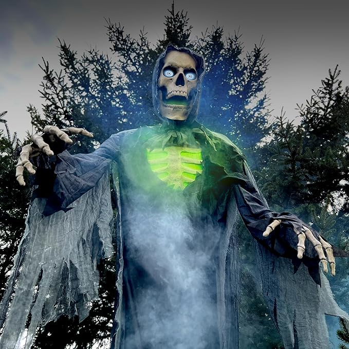 Haunted Hill Farm Motion-Activated 10-Ft. Tall Towering Reaper, Plug-in Talking Scare Prop Animatronic with Spooky Sound Effects and Lights for Indoor or Covered Outdoor Creepy Halloween Decoration