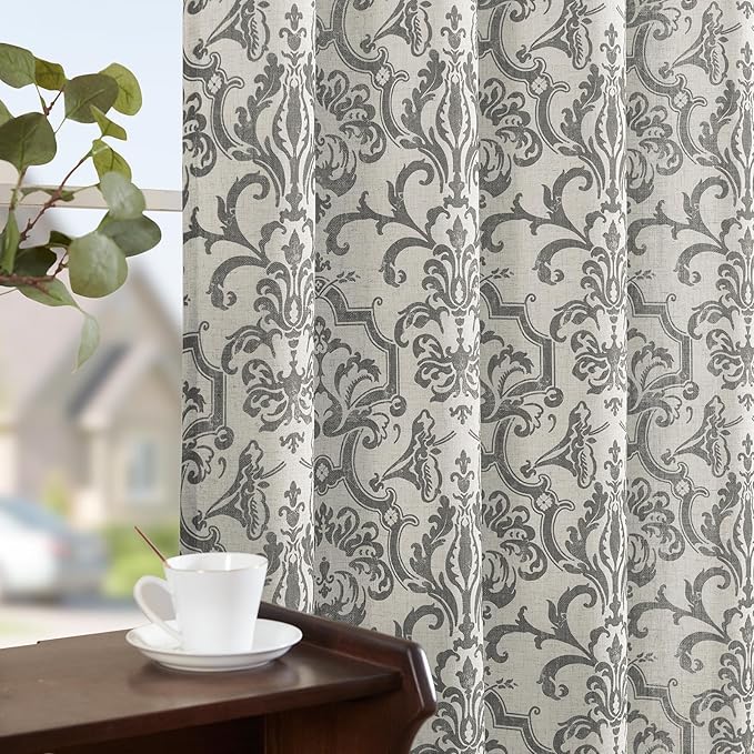 Jinchan Linen Curtains for Bedroom and Living Room - Grey Damask Patterned, 90 Inches Long, Light Filtering, Vintage Baroque Style Drapes With Grommets - 2 Panels Set