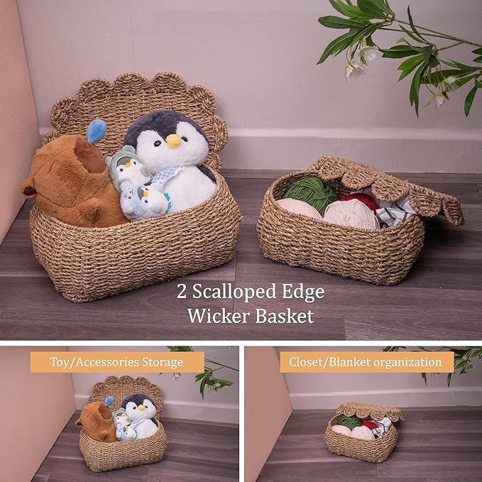 Set of 2 Hand Round Wicker Storage Baskets, Rattan Basket Decorative Boxes, Woven Storage Box Seagrass Baskets with Lids, Scalloped Edge Wicker Basket with Lid