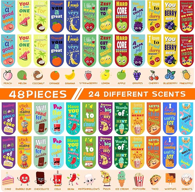 48 Pack Scented Bookmarks Magnetic Scratch and Sniff Fruit Food Bookmarks for Kids Cute Page Markers with Sayings for Kids Students Teens Teachers(Mixed Flavor)