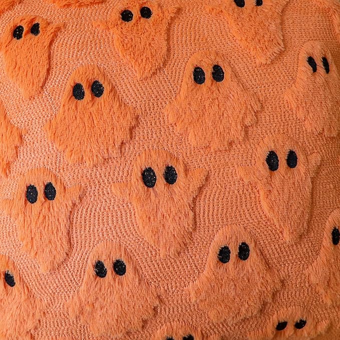 4TH Emotion Halloween Ghost Decorative Lumbar Pillow Covers 12x20 Set of 2, Orange Soft Plush Faux Fur Farmhouse Throw Cushion Cases for Fall Autumn Holiday Home Decorations