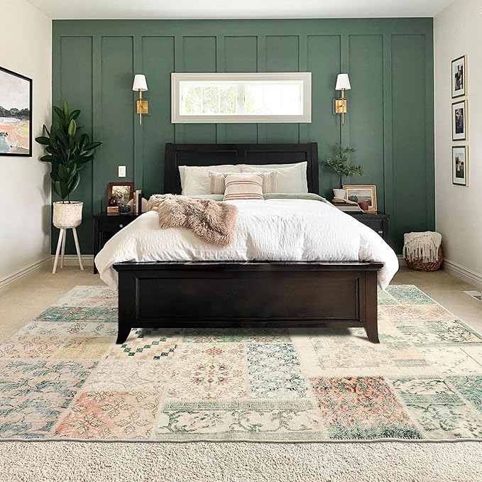 Area Rug 6x9 for Living Room,Boho Floral Botanical Plaid Geometric Print Neutral Washable Stain Resistant Farmhouse Rugs for Dining Room Table,Light Tan Beige Brown and Dark Green Rust Burnt Orange