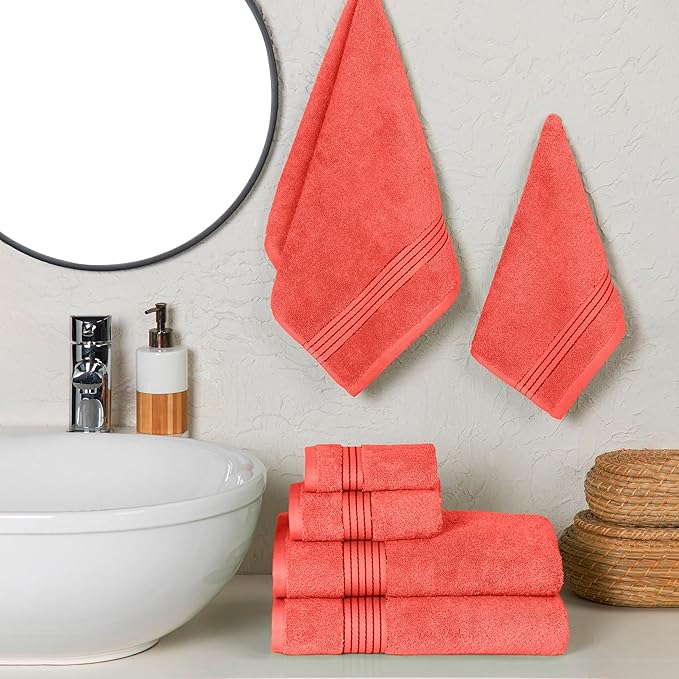 Elegant Comfort Premium Cotton 6-Piece Towel Set, Includes 2 Washcloths, 2 Hand Towels and 2 Bath Towels, 100% Turkish Cotton - Highly Absorbent and Super Soft Towels for Bathroom, Coral