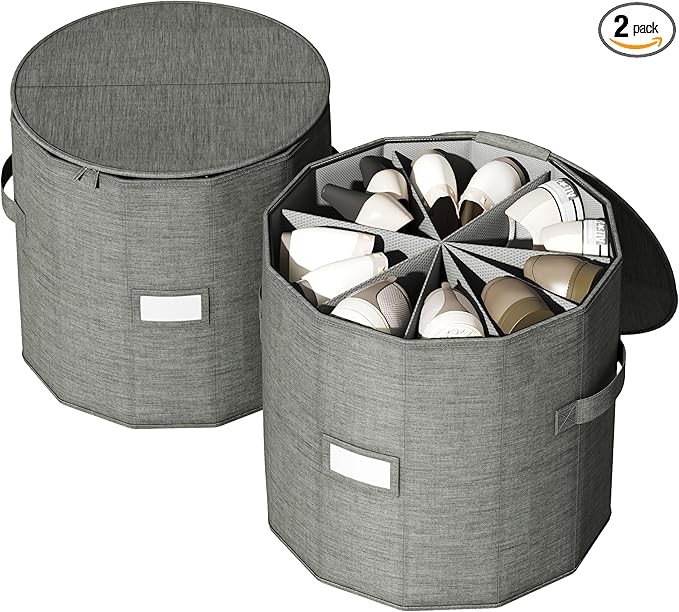Vailando Shoe Organizer for Closet - Cylindrical Shoe Storage Organizer with Adjustable Dividers for Closet, Foldable, Gray, 2-Pack